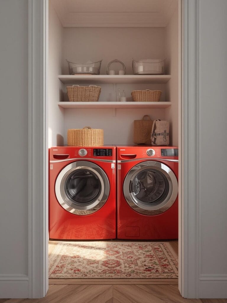 laundry room ideas with red washer and dryer final look