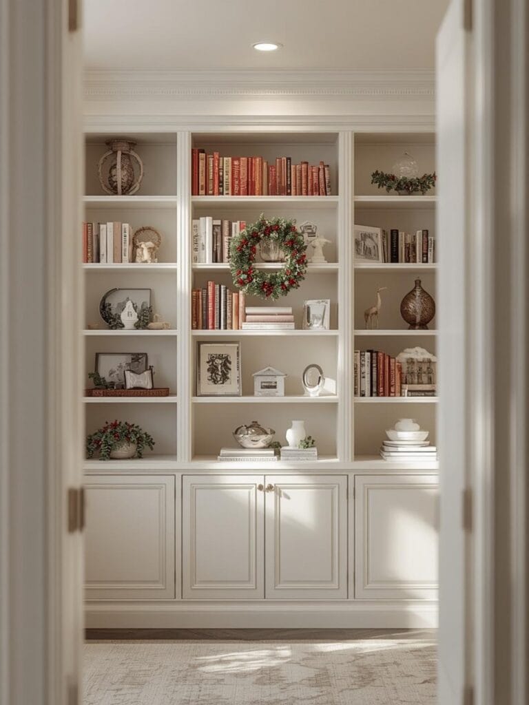 christmas bookshelf decorating ideas final look